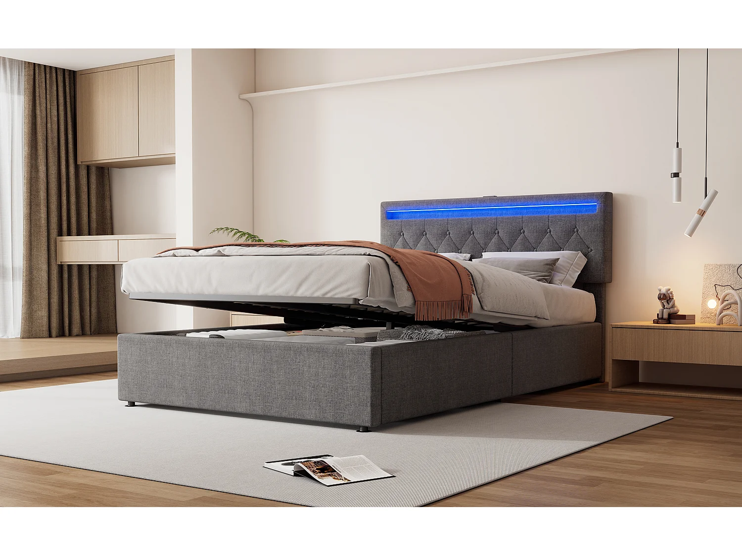 Lit plat 140x200 cm, structure rembourrée, éclairage LED, télécommande 24 touches, relevable, prises USB et Type-C, grand rangement, Gris