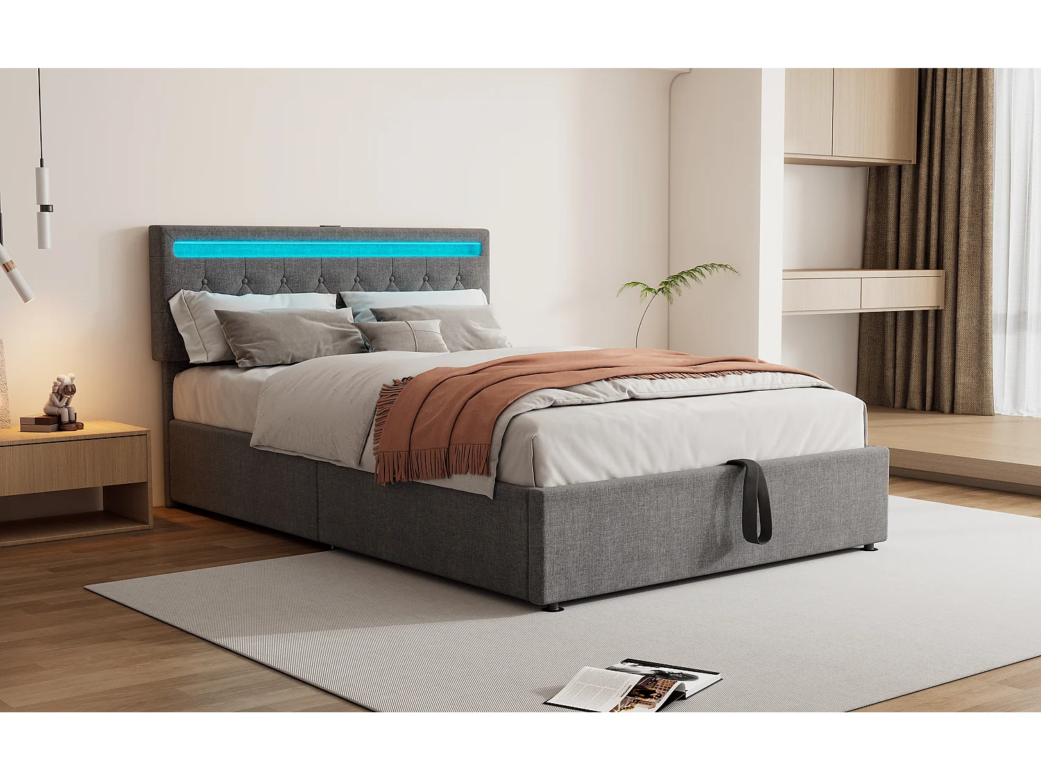 Lit plat 140x200 cm, structure rembourrée, éclairage LED, télécommande 24 touches, relevable, prises USB et Type-C, grand rangement, Gris