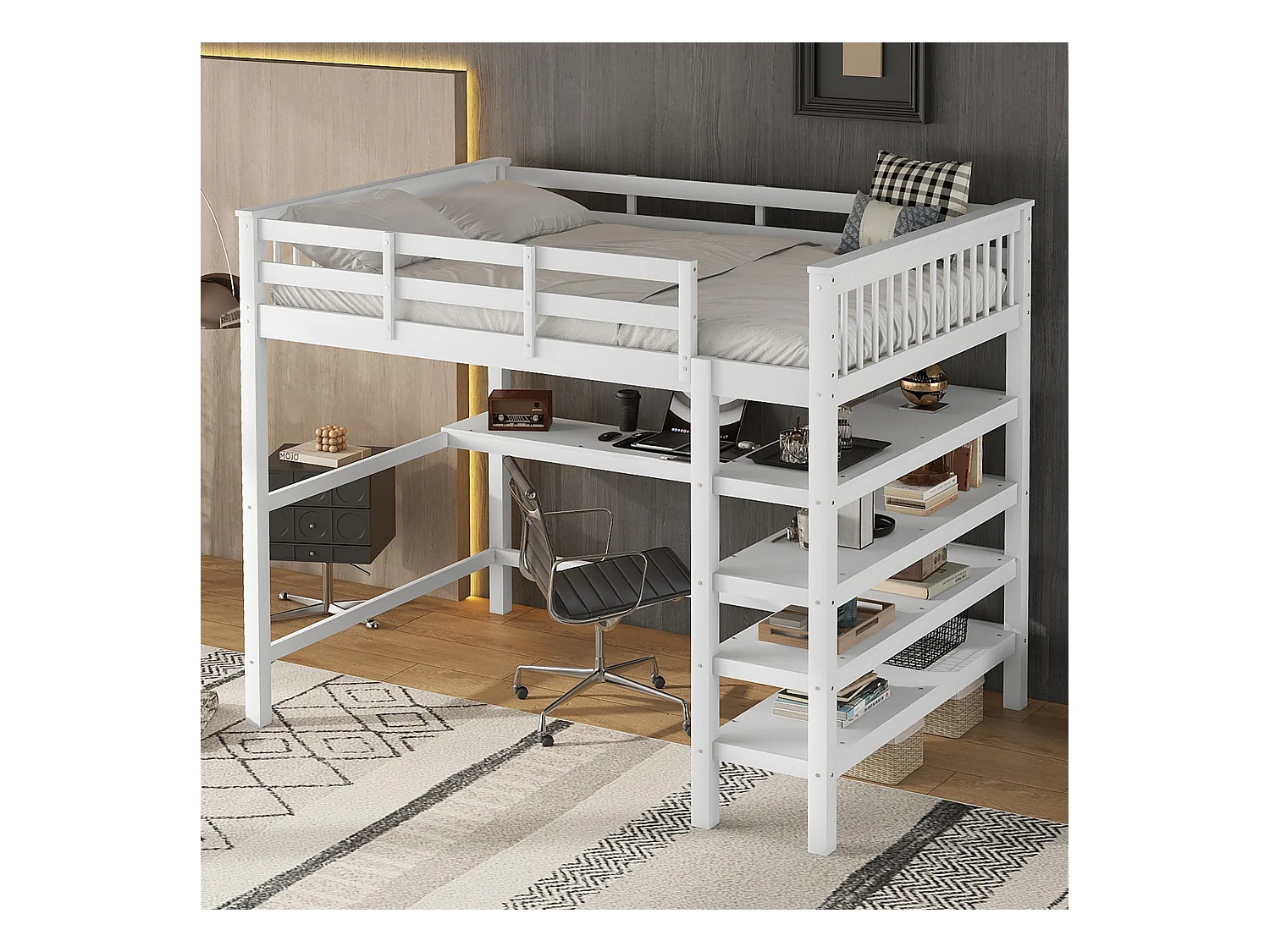 Lit mezzanine 140x200 cm pour enfant avec compartiments de rangement et bureau intégré, sans matelas, bois de pin, Blanc
