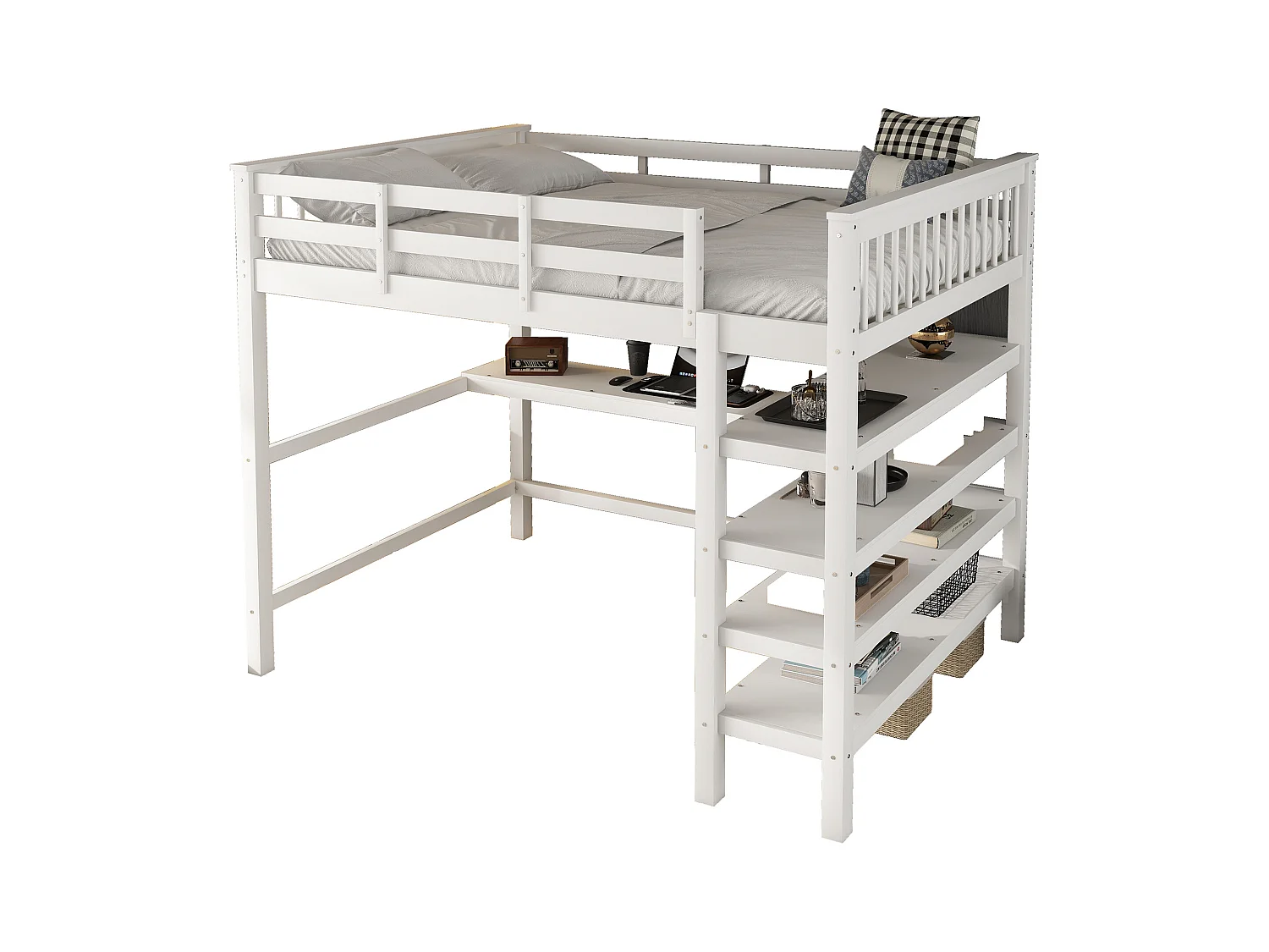 Lit mezzanine 140x200 cm pour enfant avec compartiments de rangement et bureau intégré, sans matelas, bois de pin, Blanc