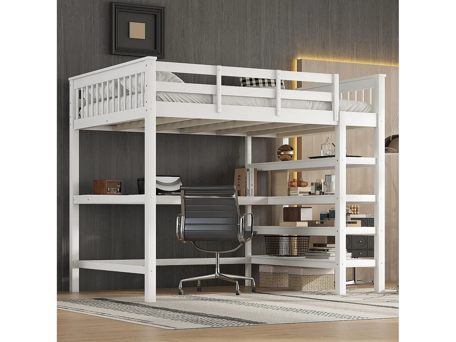 Lit mezzanine 140x200 cm pour enfant avec compartiments de rangement et bureau intégré, sans matelas, bois de pin, Blanc