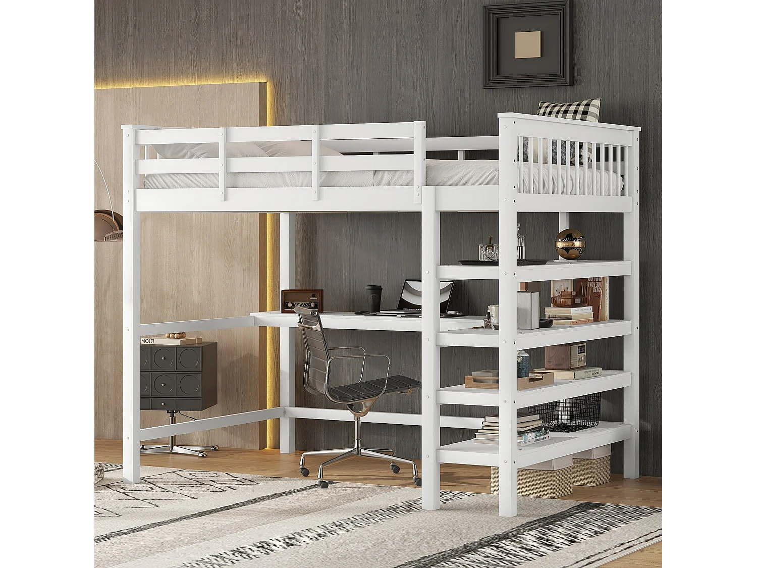Lit mezzanine 140x200 cm pour enfant avec compartiments de rangement et bureau intégré, sans matelas, bois de pin, Blanc