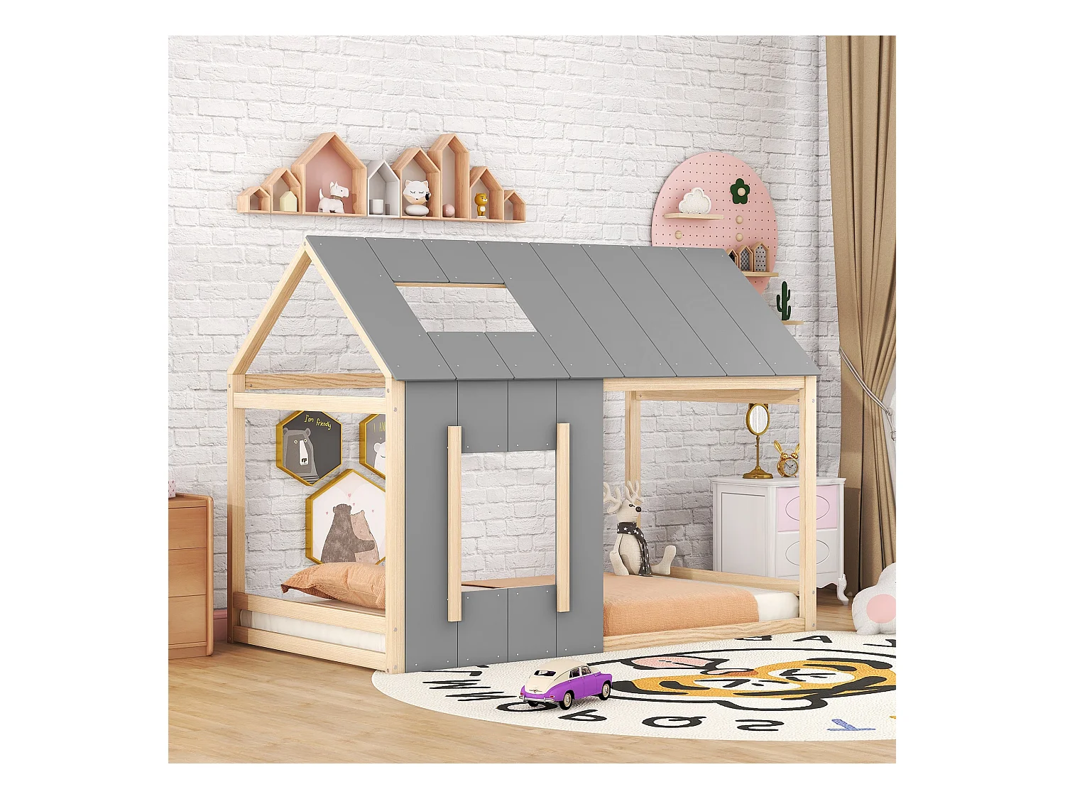 Lit simple 90x200 cm pour enfant en forme de maison, toit et fenêtre, design original, combinaison Naturel et Gris