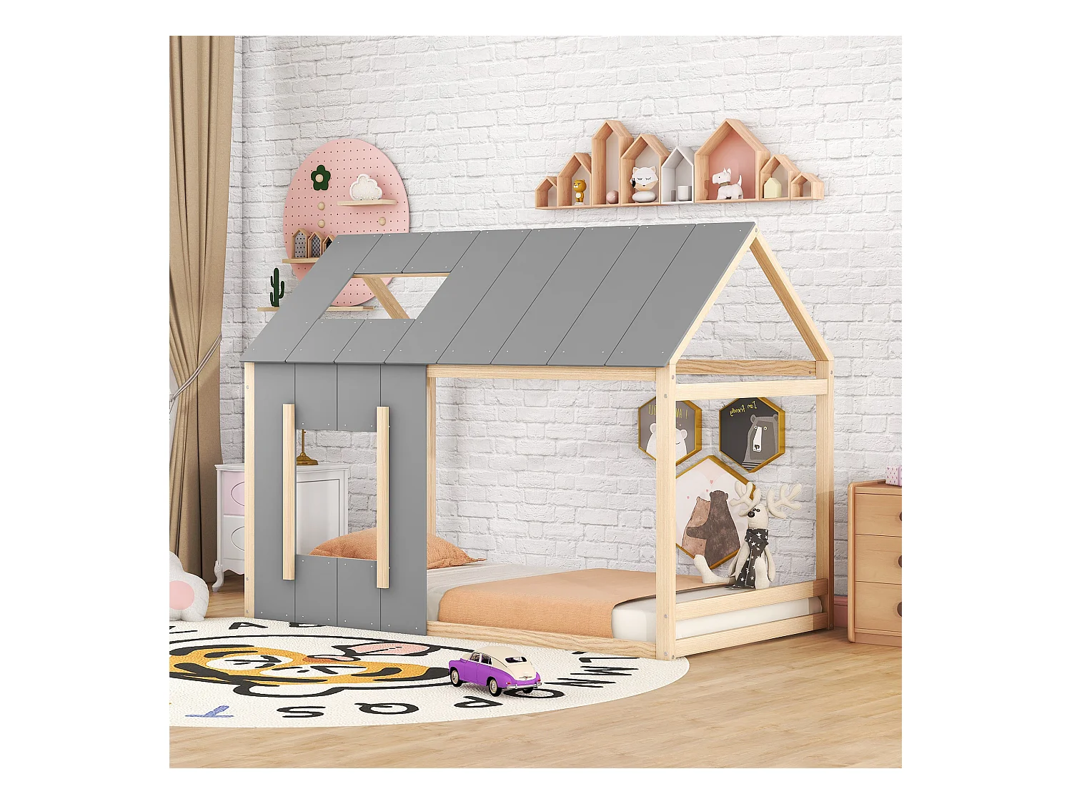Lit simple 90x200 cm pour enfant en forme de maison, toit et fenêtre, design original, combinaison Naturel et Gris