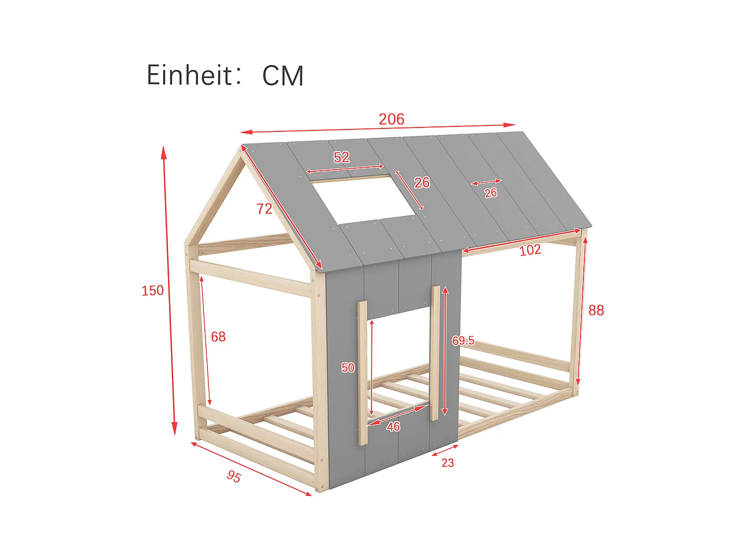 Lit simple 90x200 cm pour enfant en forme de maison, toit et fenêtre, design original, combinaison Naturel et Gris
