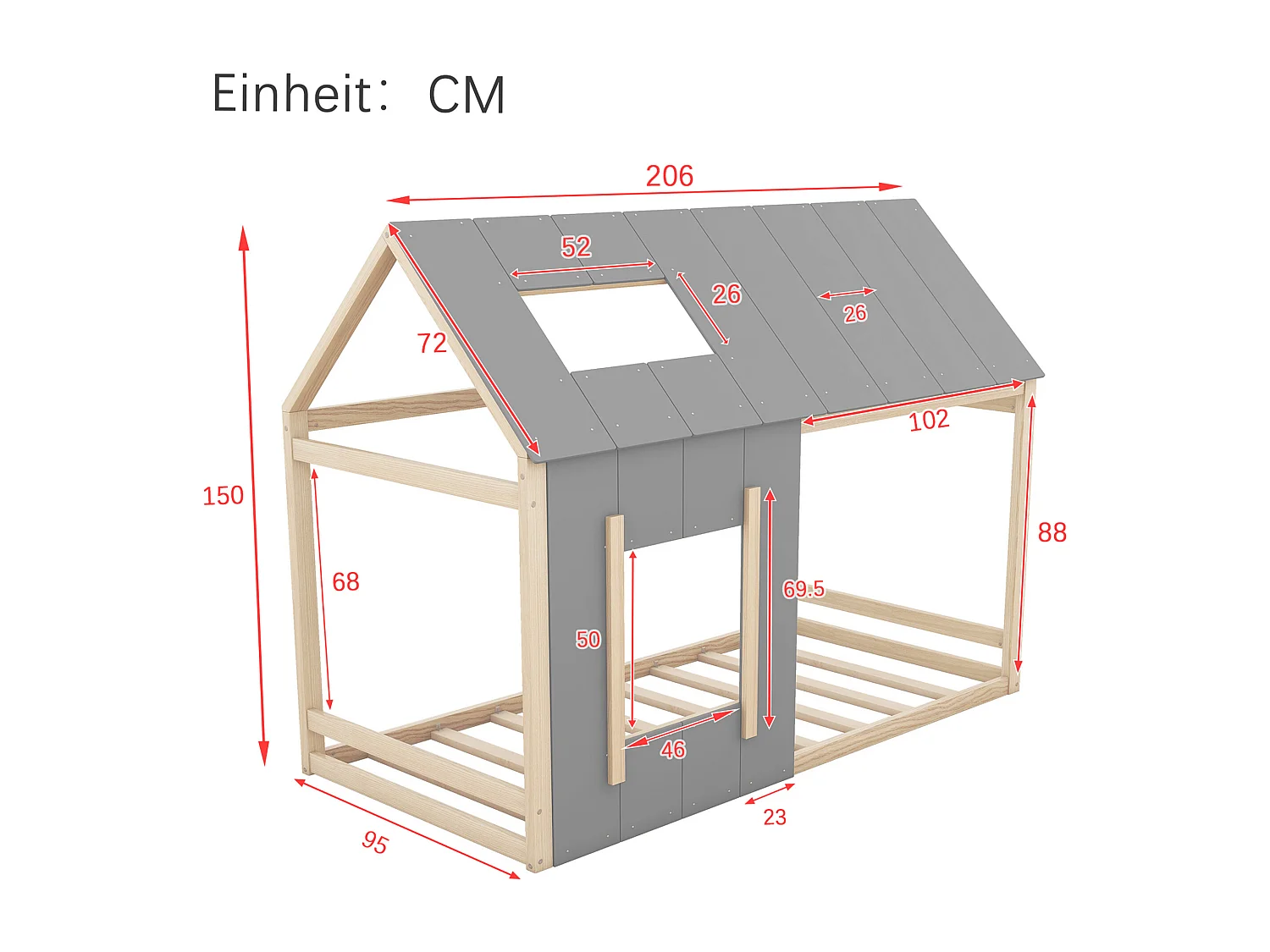 Lit simple 90x200 cm pour enfant en forme de maison, toit et fenêtre, design original, combinaison Naturel et Gris