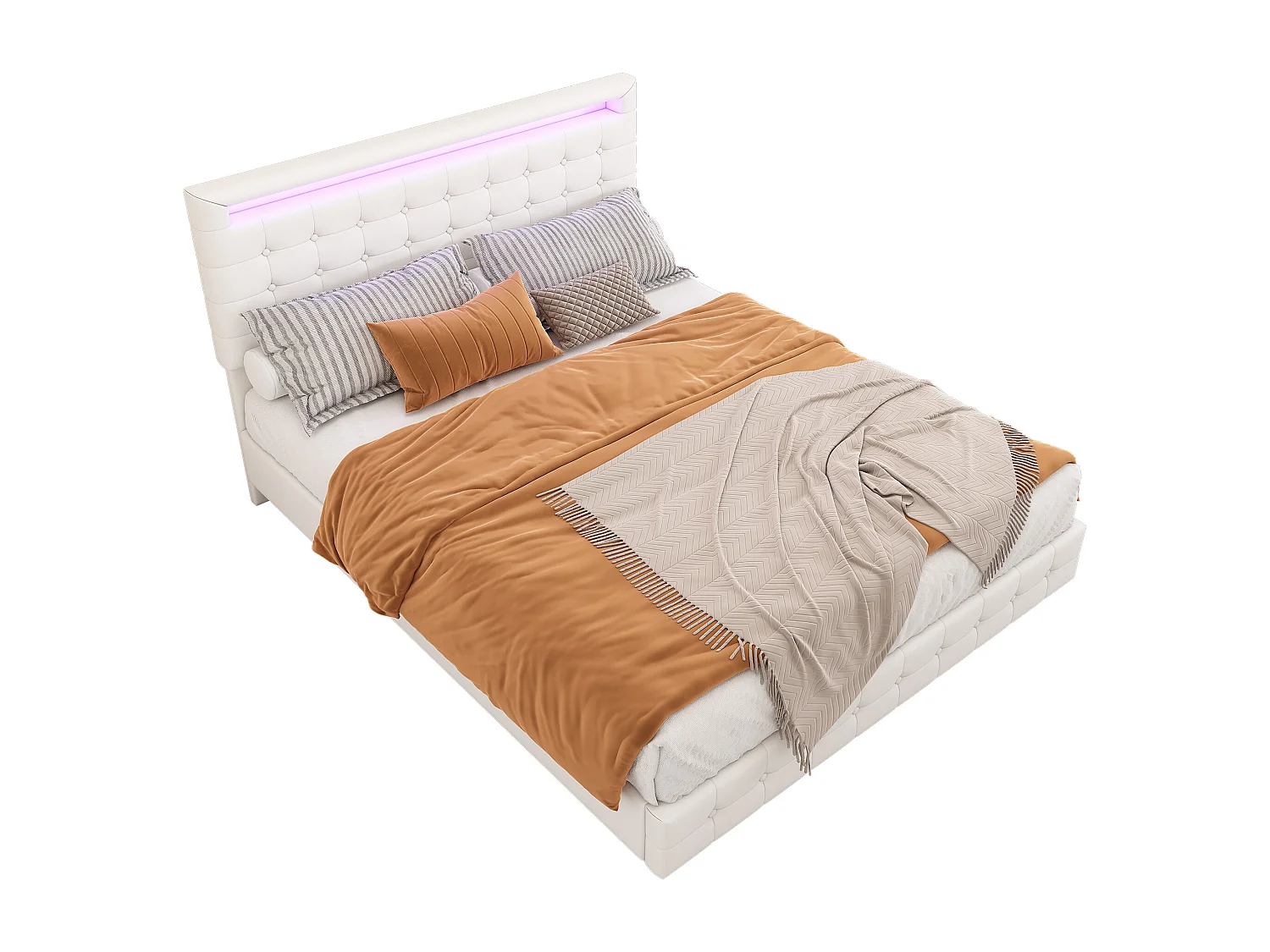 Lit double 140x200 cm, lit plat PU, LED multicolore, télécommande 24 touches, tête réglable en 3 positions, Blanc