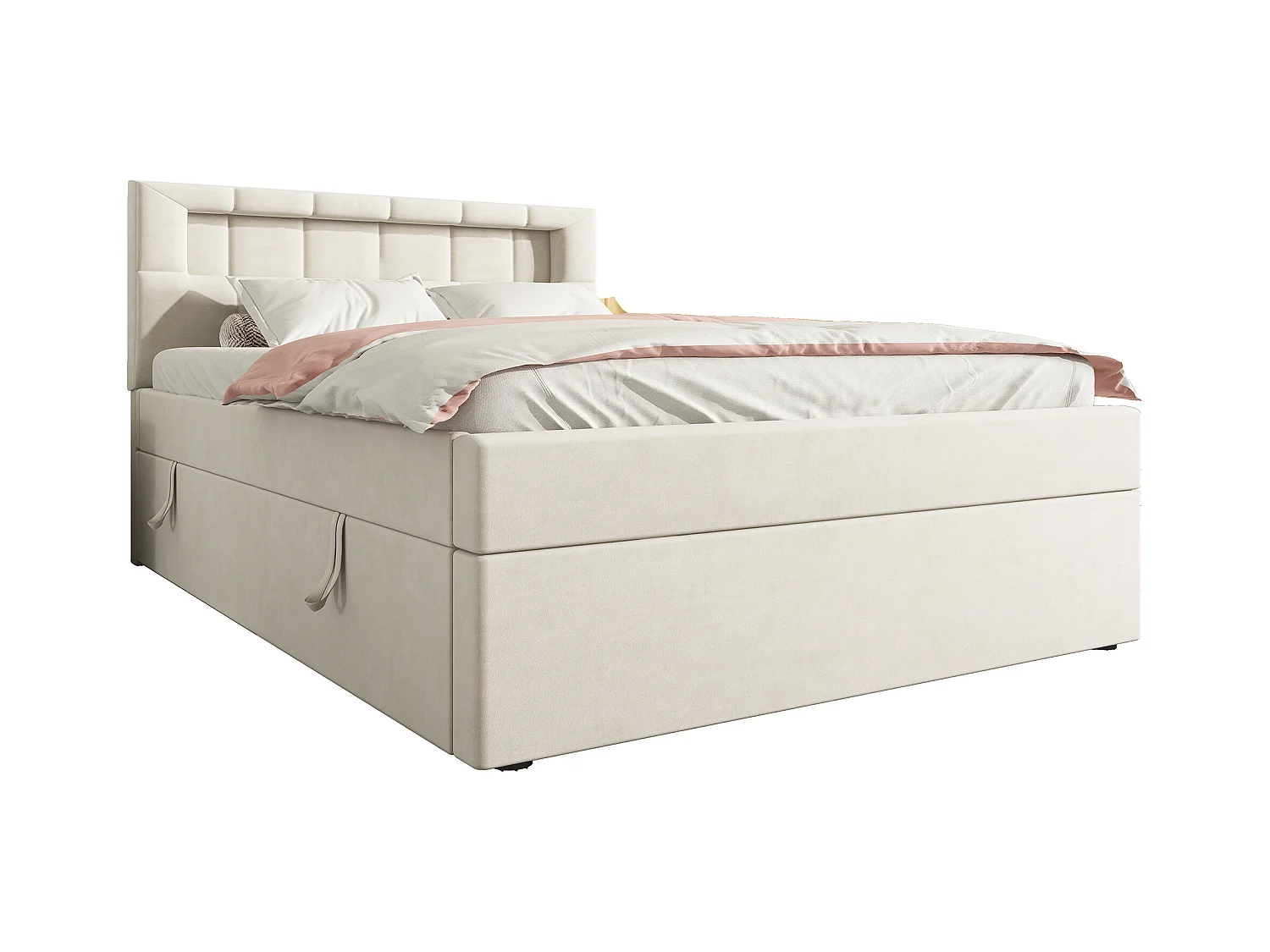 Lit plat 90x200 cm en velours beige avec éclairage d’ambiance, tête réglable et rangement spacieux