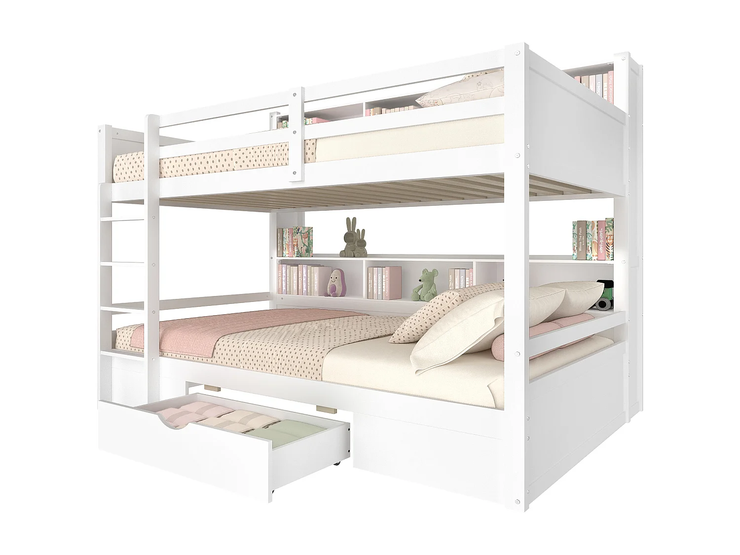 Lit superposé 90x200 cm, lit simple pour enfant avec tiroirs et compartiments de rangement, sans matelas, Blanc