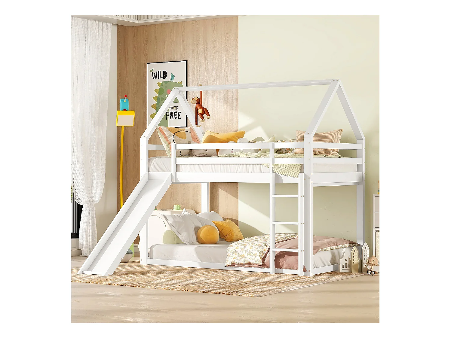 Lit cabane enfant 90x200 cm blanc avec toboggan et échelle, lit simple surélevé, structure en bois solide