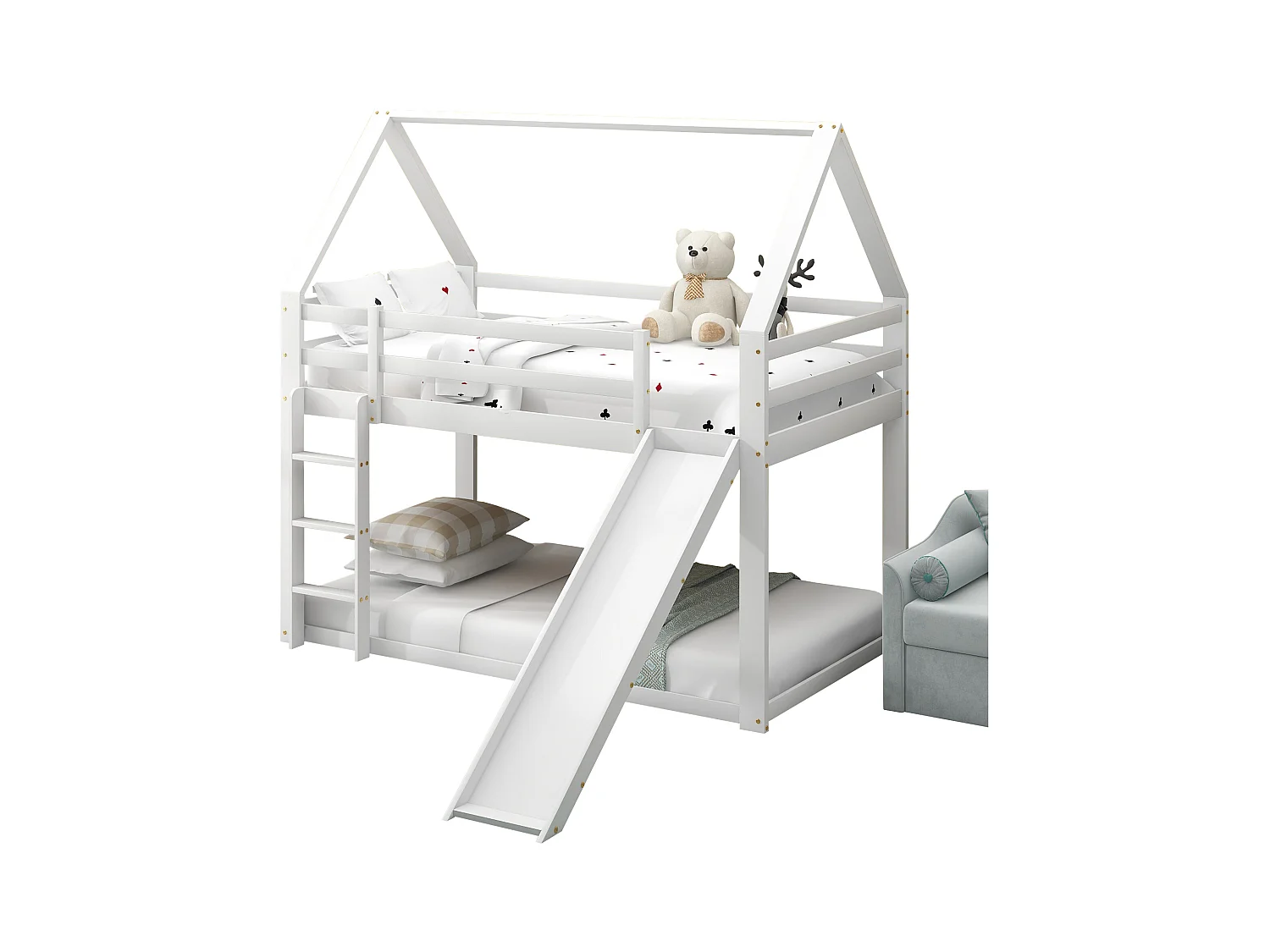 Lit cabane enfant 90x200 cm blanc avec toboggan et échelle, lit simple surélevé, structure en bois solide