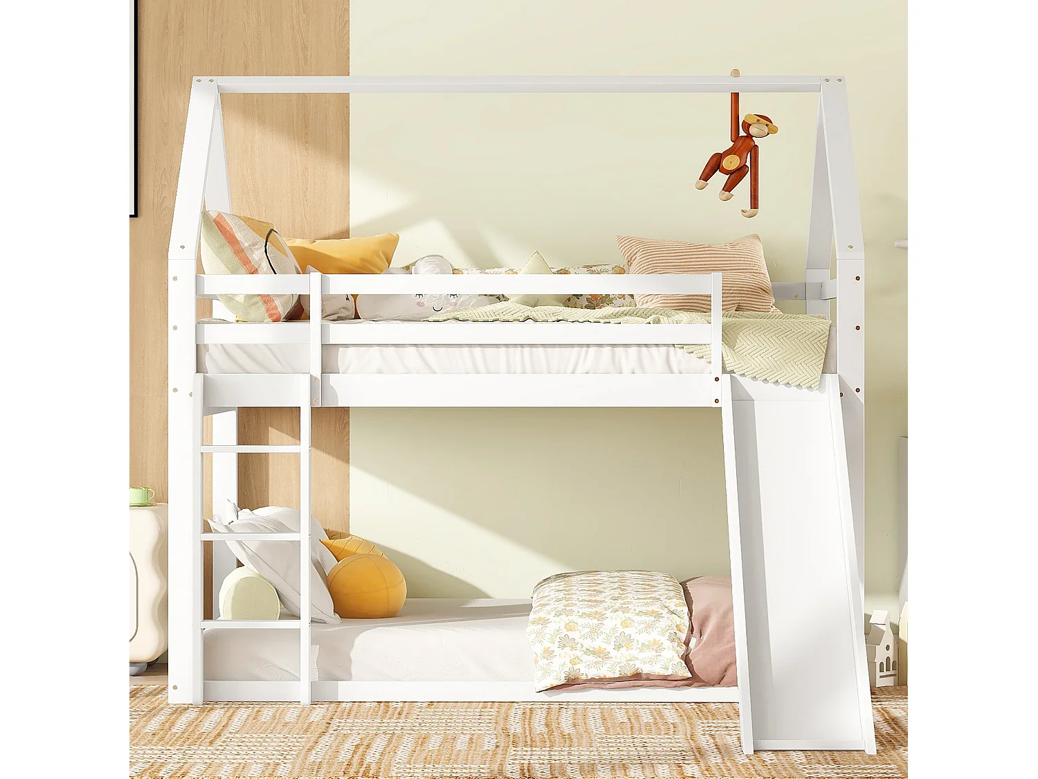 Lit cabane enfant 90x200 cm blanc avec toboggan et échelle, lit simple surélevé, structure en bois solide