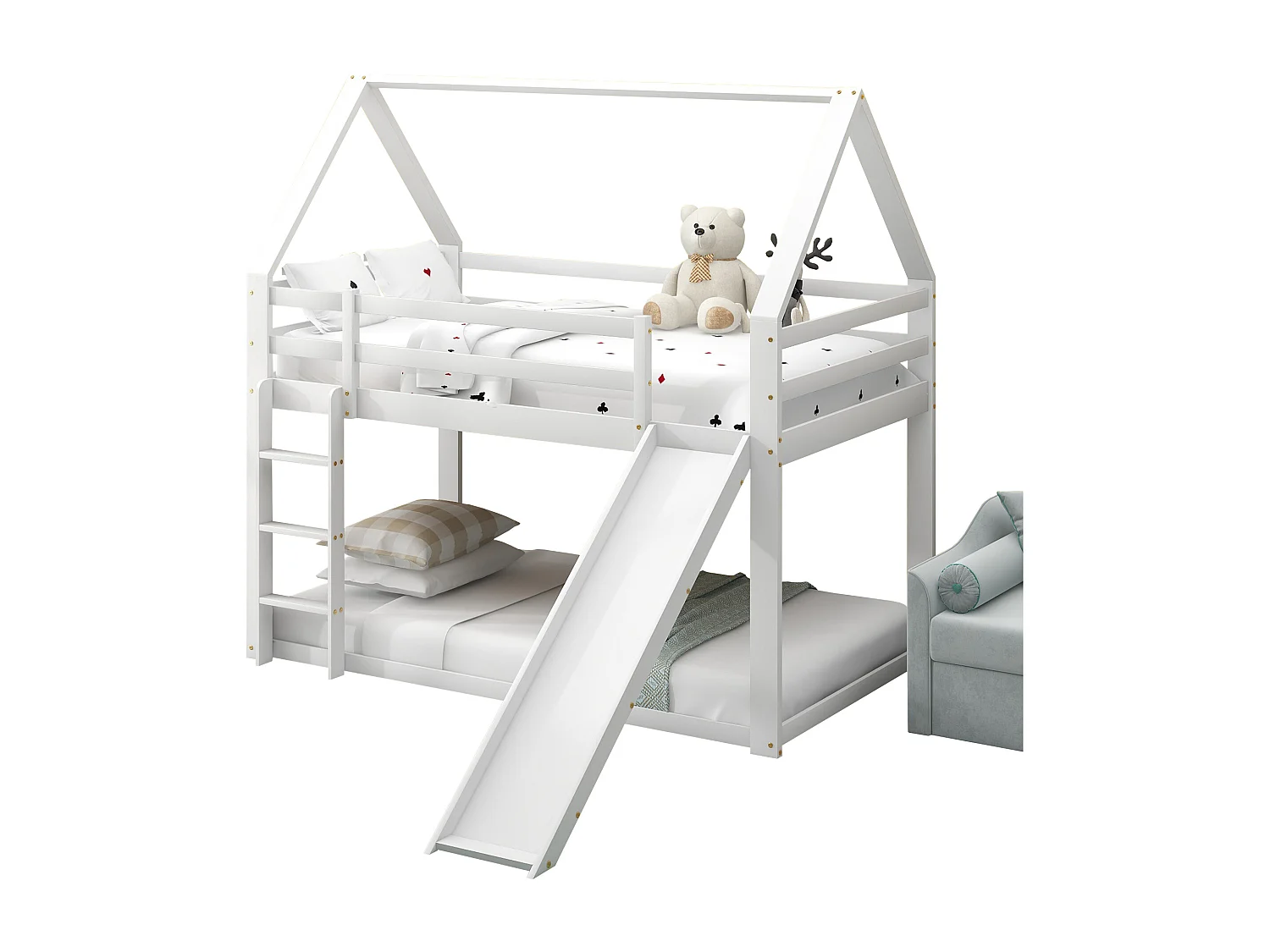 Lit cabane enfant 90x200 cm blanc avec toboggan et échelle, lit simple surélevé, structure en bois solide