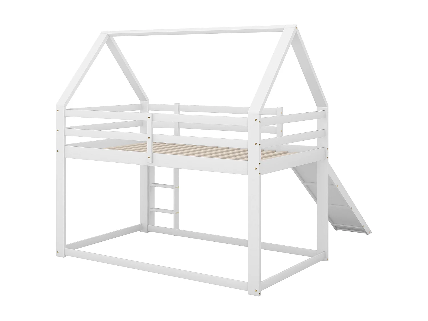 Lit cabane enfant 90x200 cm blanc avec toboggan et échelle, lit simple surélevé, structure en bois solide
