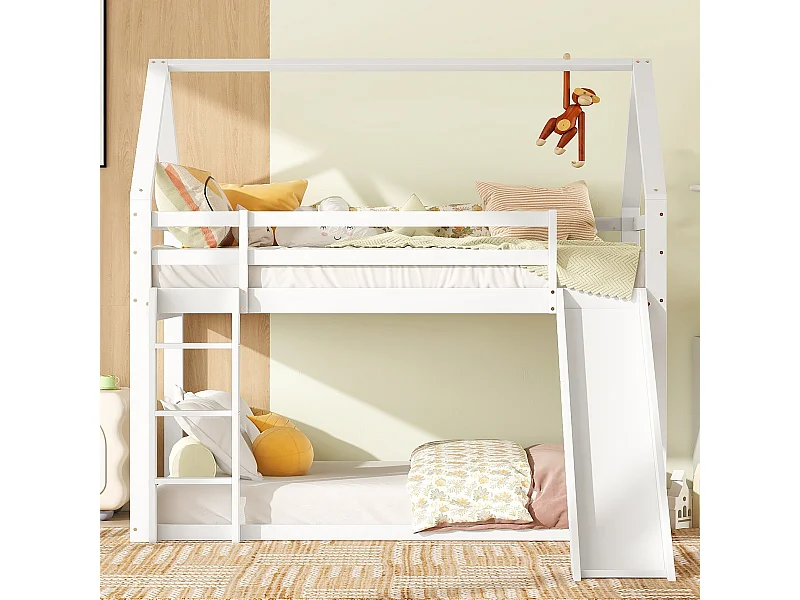 Lit cabane enfant 90x200 cm blanc avec toboggan et échelle, lit simple surélevé, structure en bois solide