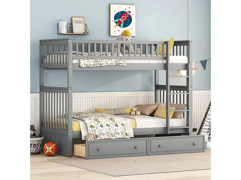 Lit superposé 90x200 cm pour enfant, fonctionnel avec tiroirs et lit convertible, Gris