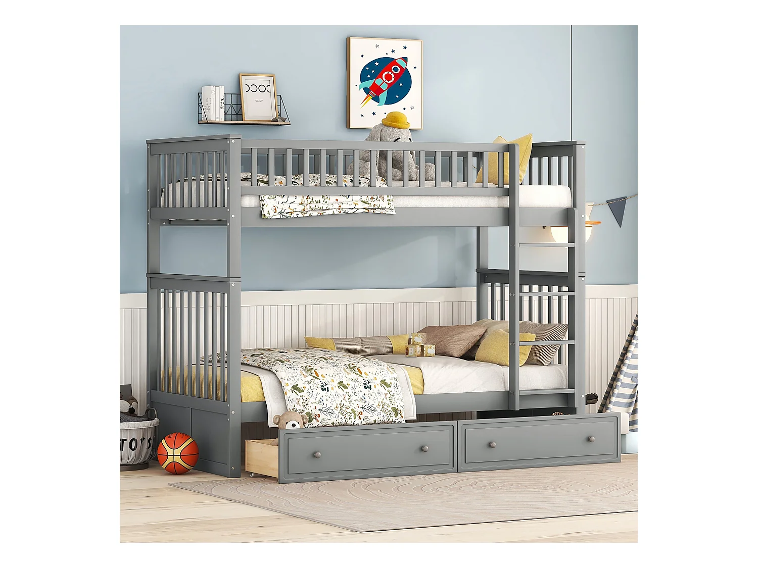 Lit superposé 90x200 cm pour enfant, fonctionnel avec tiroirs et lit convertible, Gris