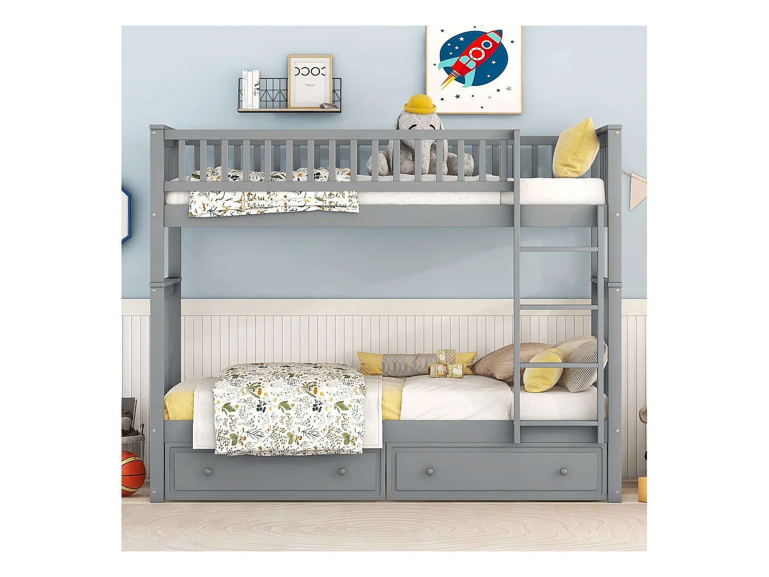Lit superposé 90x200 cm pour enfant, fonctionnel avec tiroirs et lit convertible, Gris
