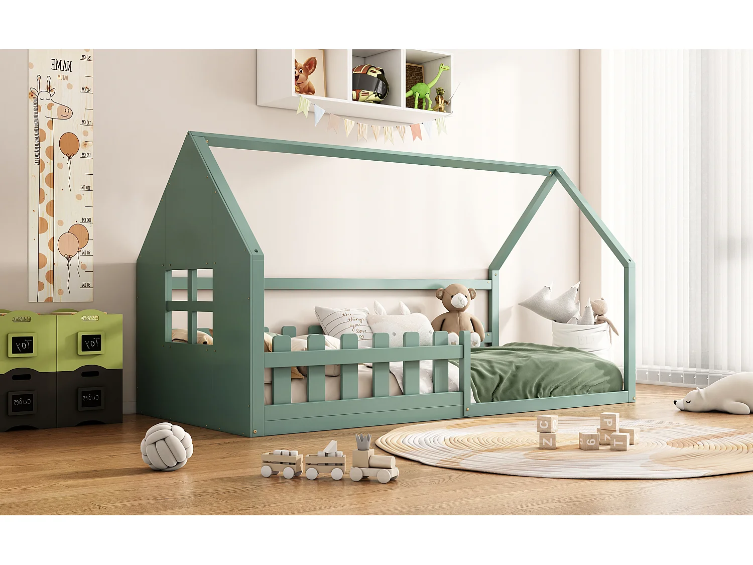 Lit simple 90x200 cm pour enfant, lit en forme de maison avec bordure décorative, Vert