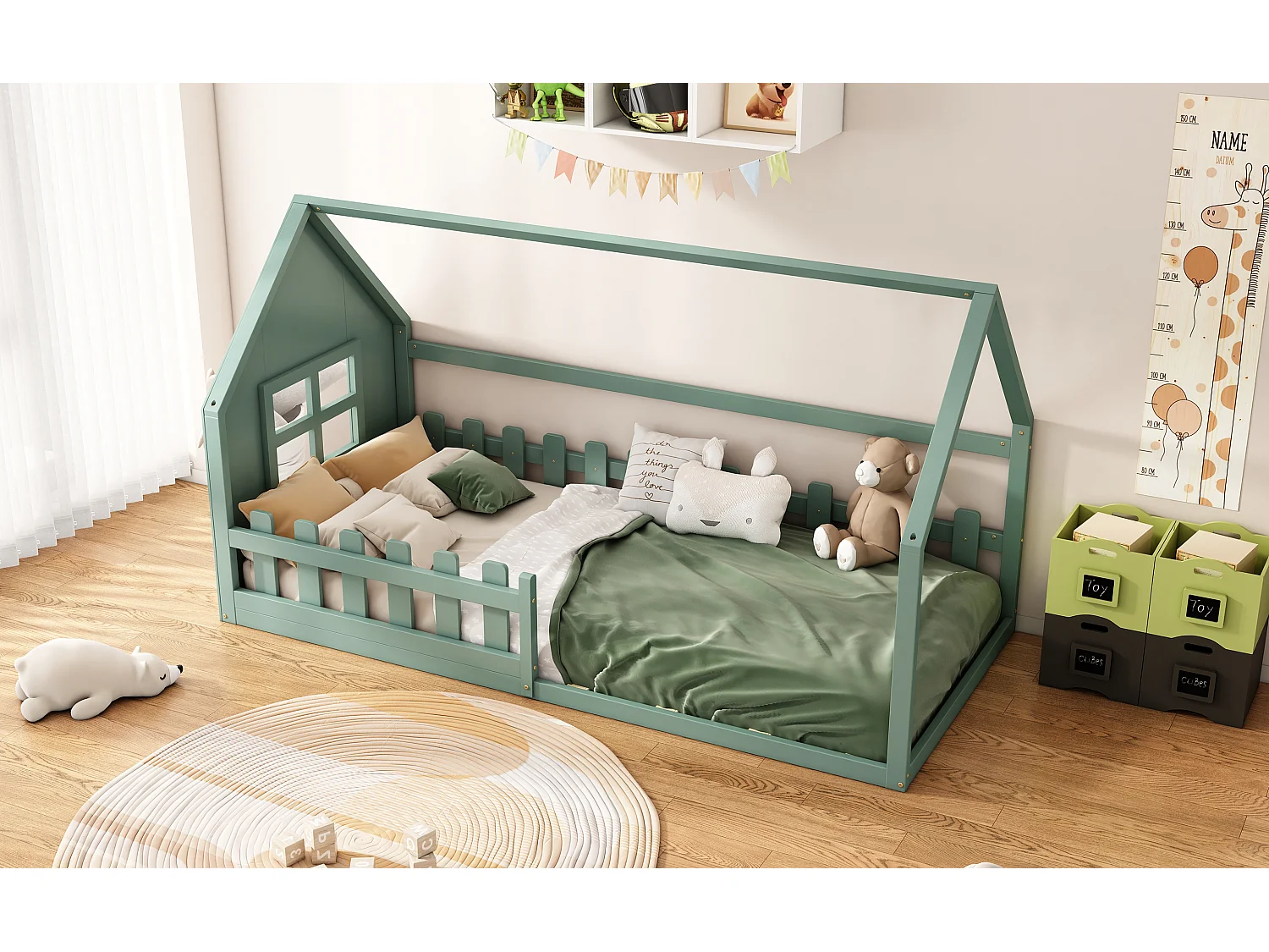 Lit simple 90x200 cm pour enfant, lit en forme de maison avec bordure décorative, Vert