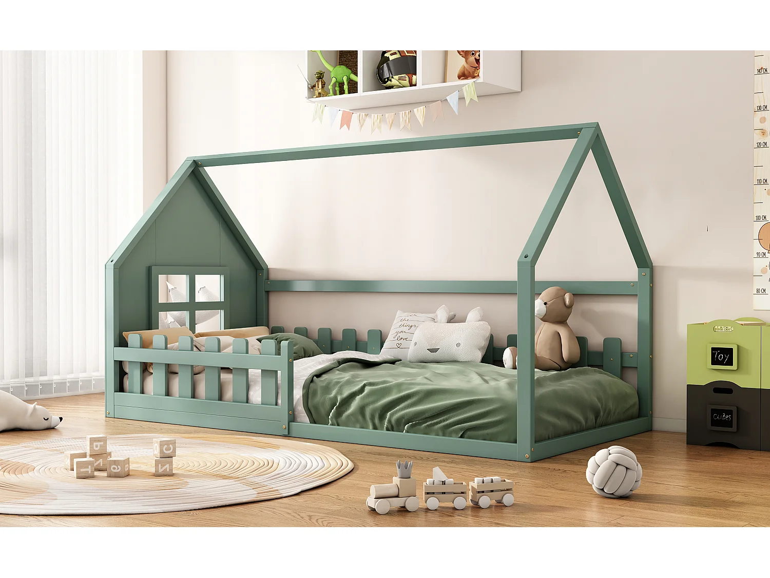 Lit simple 90x200 cm pour enfant, lit en forme de maison avec bordure décorative, Vert