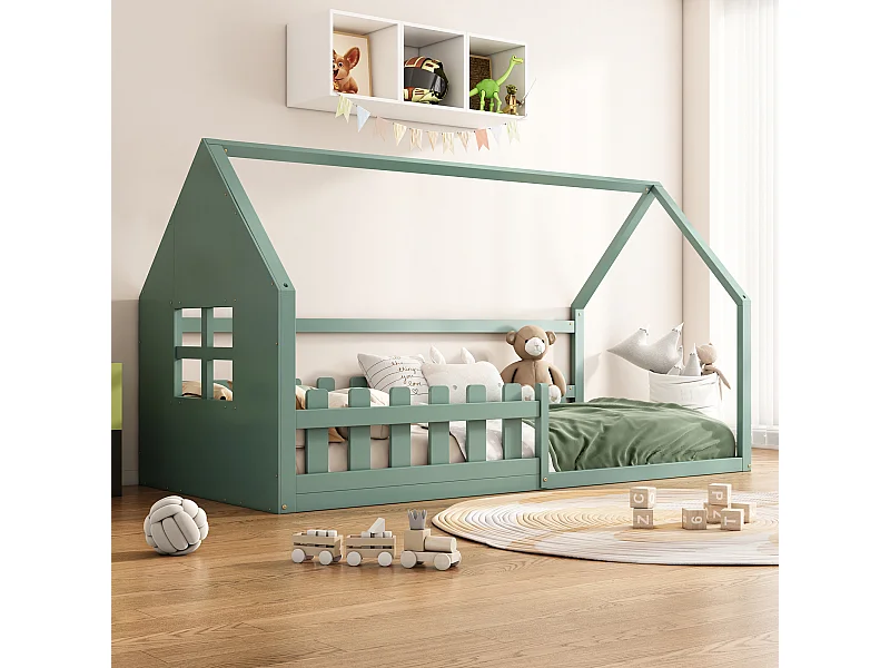 Lit simple 90x200 cm pour enfant, lit en forme de maison avec bordure décorative, Vert