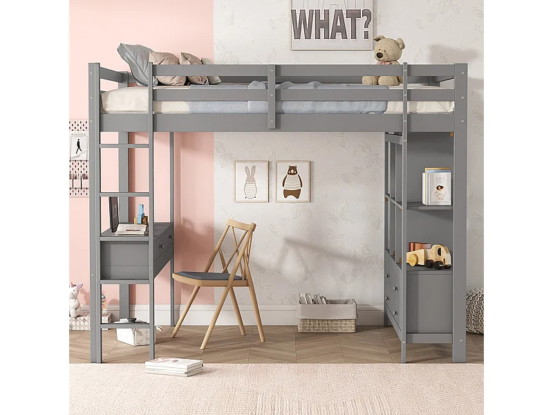 Lit mezzanine 140x200 cm pour enfant, avec tiroirs et bureau sous le lit, sans matelas, Gris