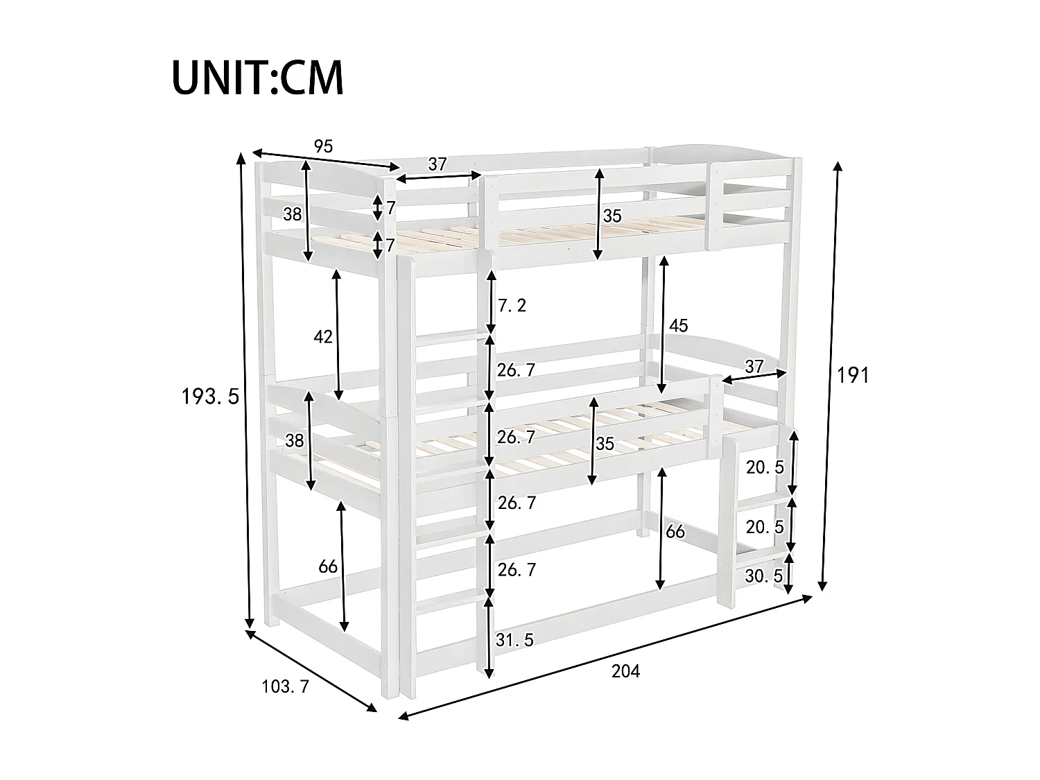 Lit superposé 90x200 cm en bois pour enfant, triple couche, sans matelas, conception compacte et sécurisée, Blanc
