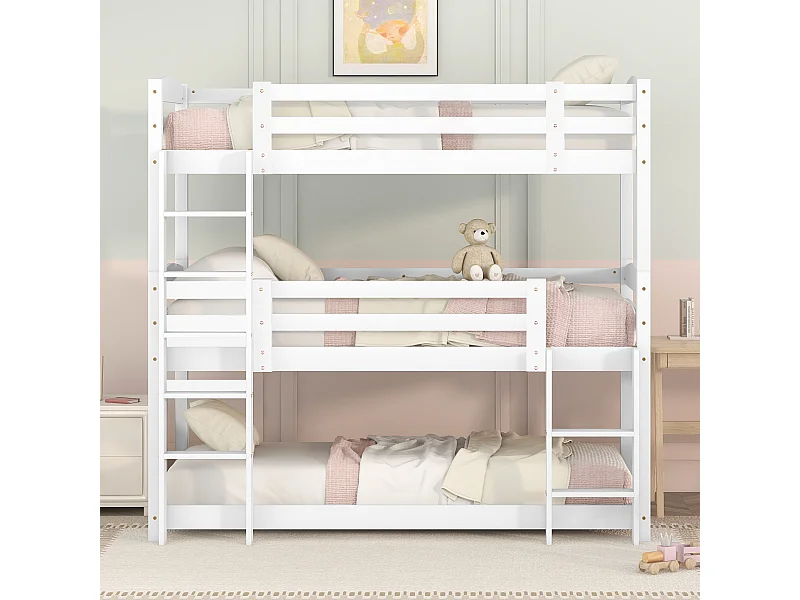 Lit superposé 90x200 cm en bois pour enfant, triple couche, sans matelas, conception compacte et sécurisée, Blanc