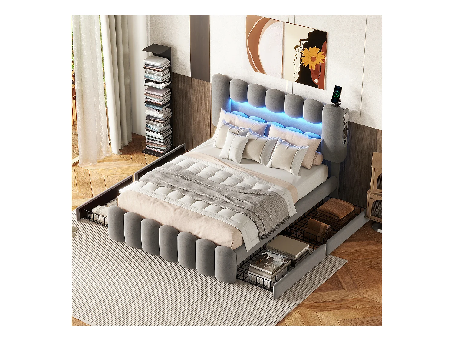 Lit double 140x200 cm, lit rembourré avec 4 tiroirs, LED avec USB et enceinte intégrée, Gris