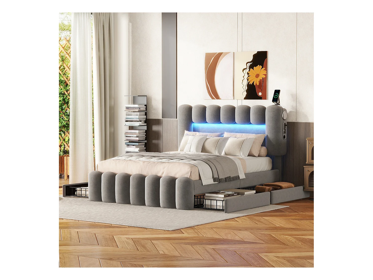 Lit double 140x200 cm, lit rembourré avec 4 tiroirs, LED avec USB et enceinte intégrée, Gris