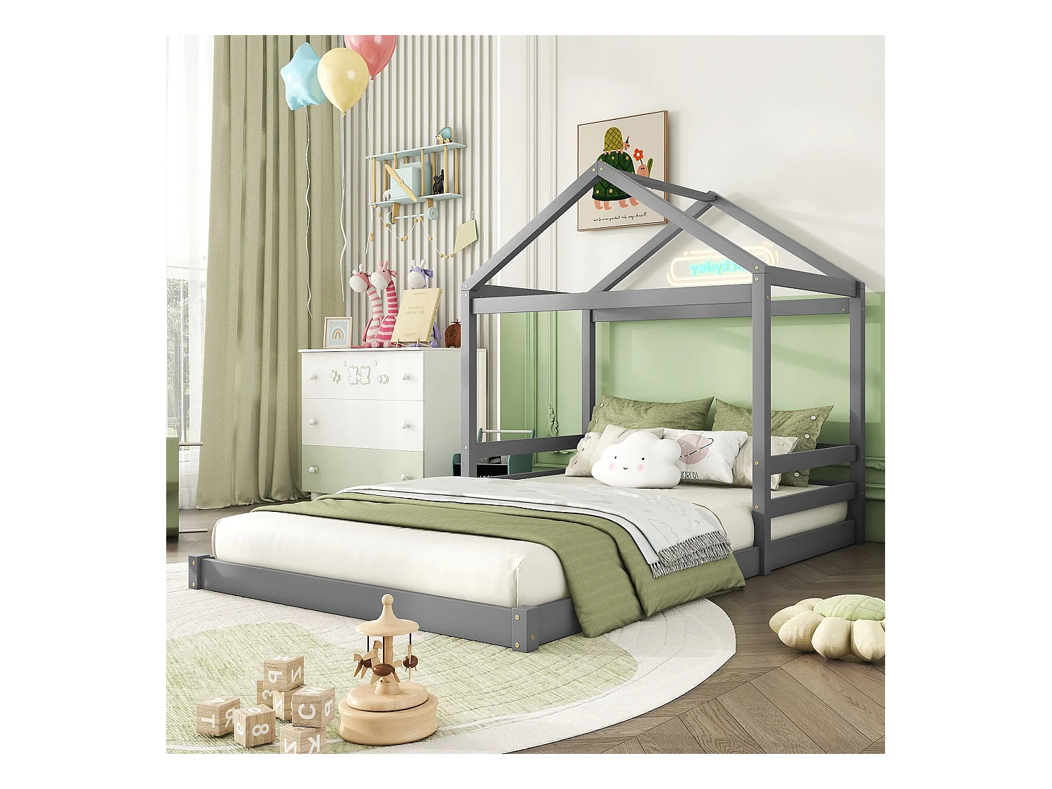 Lit cabane 140x200 cm en pin gris avec sommier, style minimaliste pour enfant, design maison ouvert
