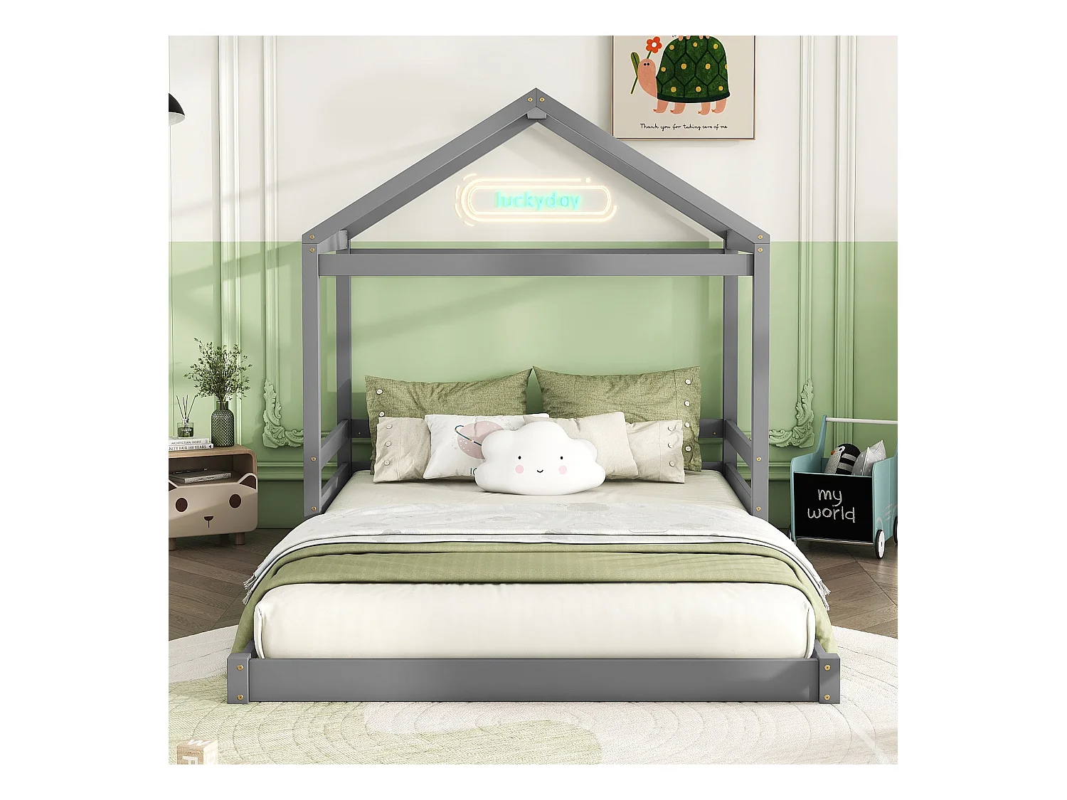 Lit cabane 140x200 cm en pin gris avec sommier, style minimaliste pour enfant, design maison ouvert