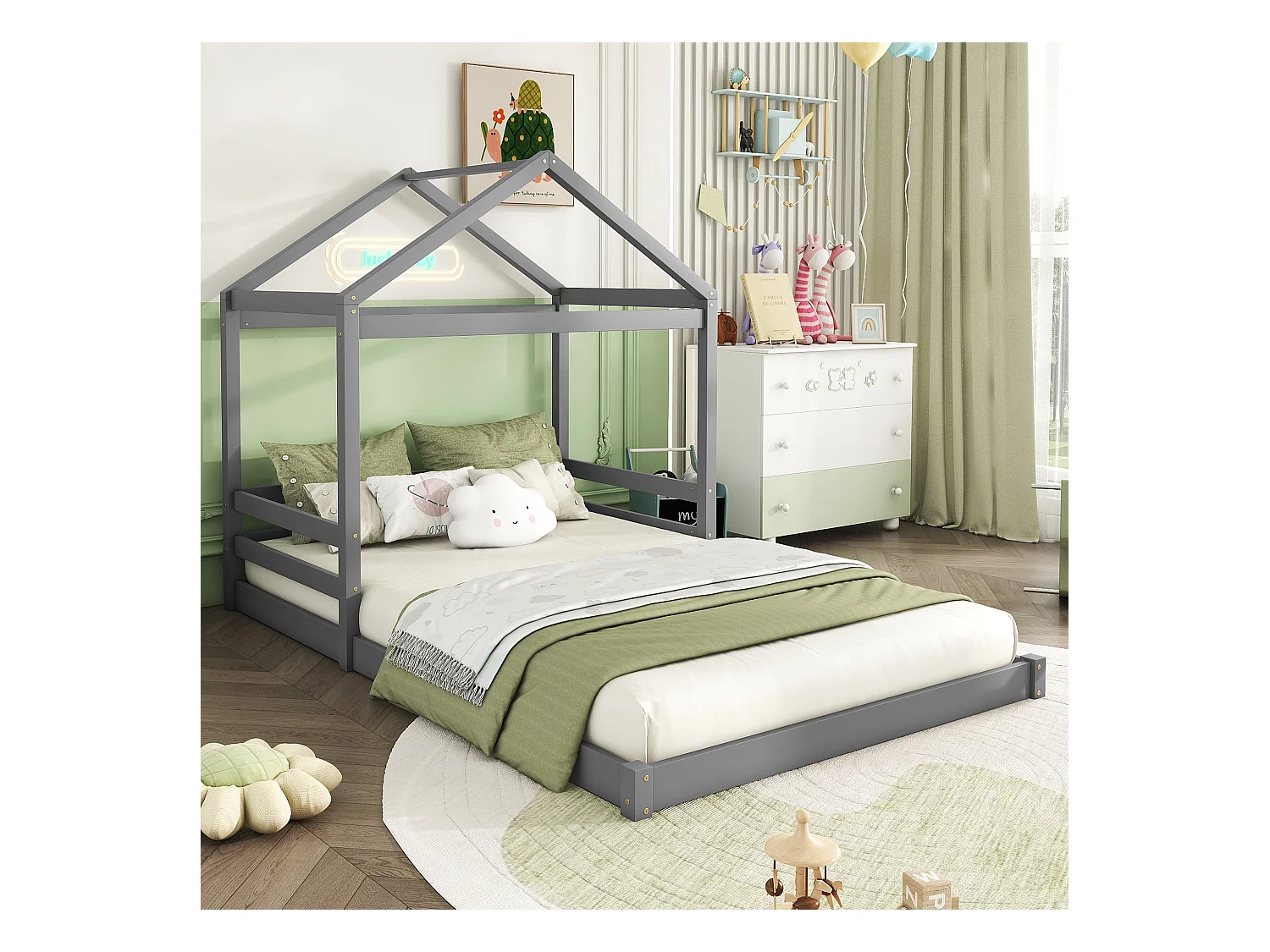 Lit cabane 140x200 cm en pin gris avec sommier, style minimaliste pour enfant, design maison ouvert
