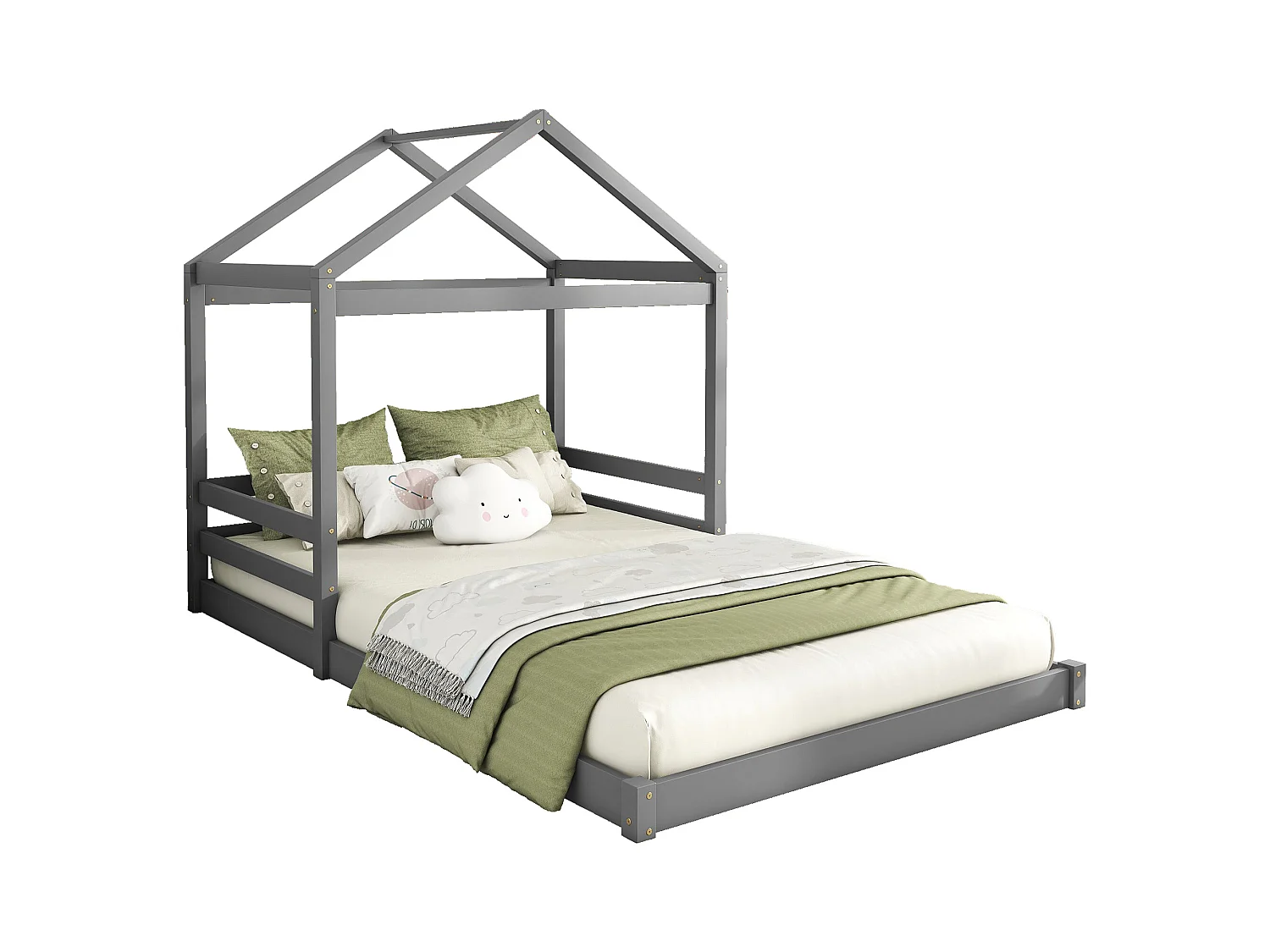 Lit cabane 140x200 cm en pin gris avec sommier, style minimaliste pour enfant, design maison ouvert