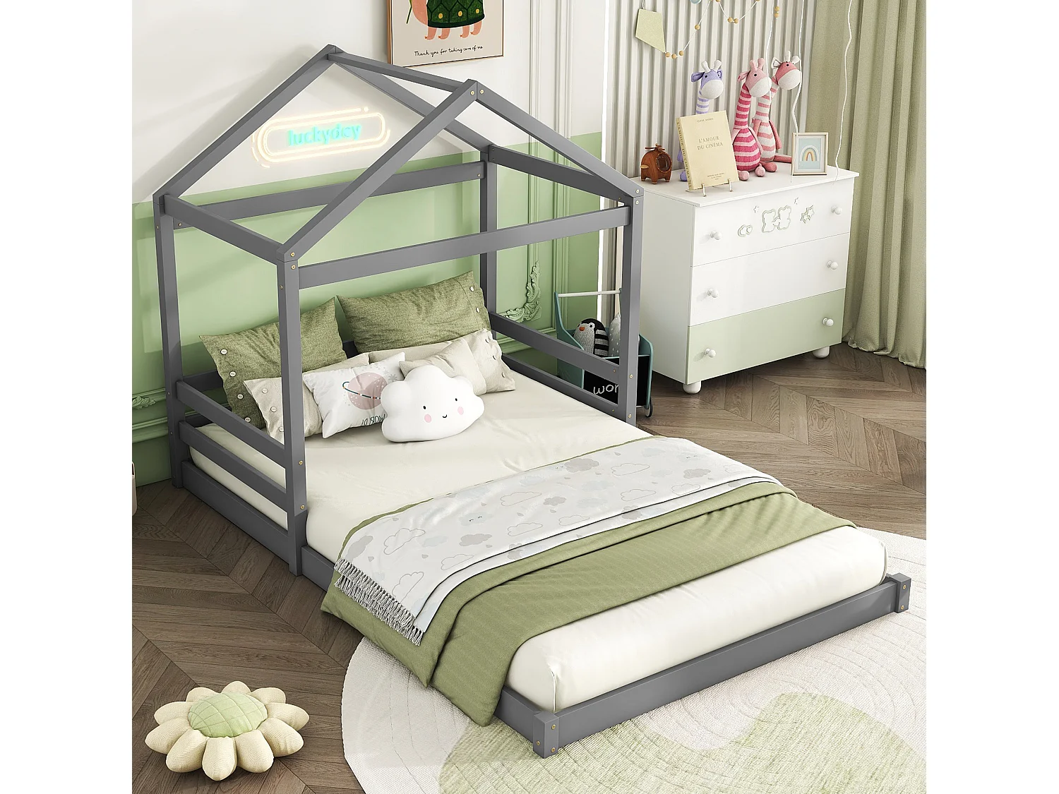 Lit cabane 140x200 cm en pin gris avec sommier, style minimaliste pour enfant, design maison ouvert