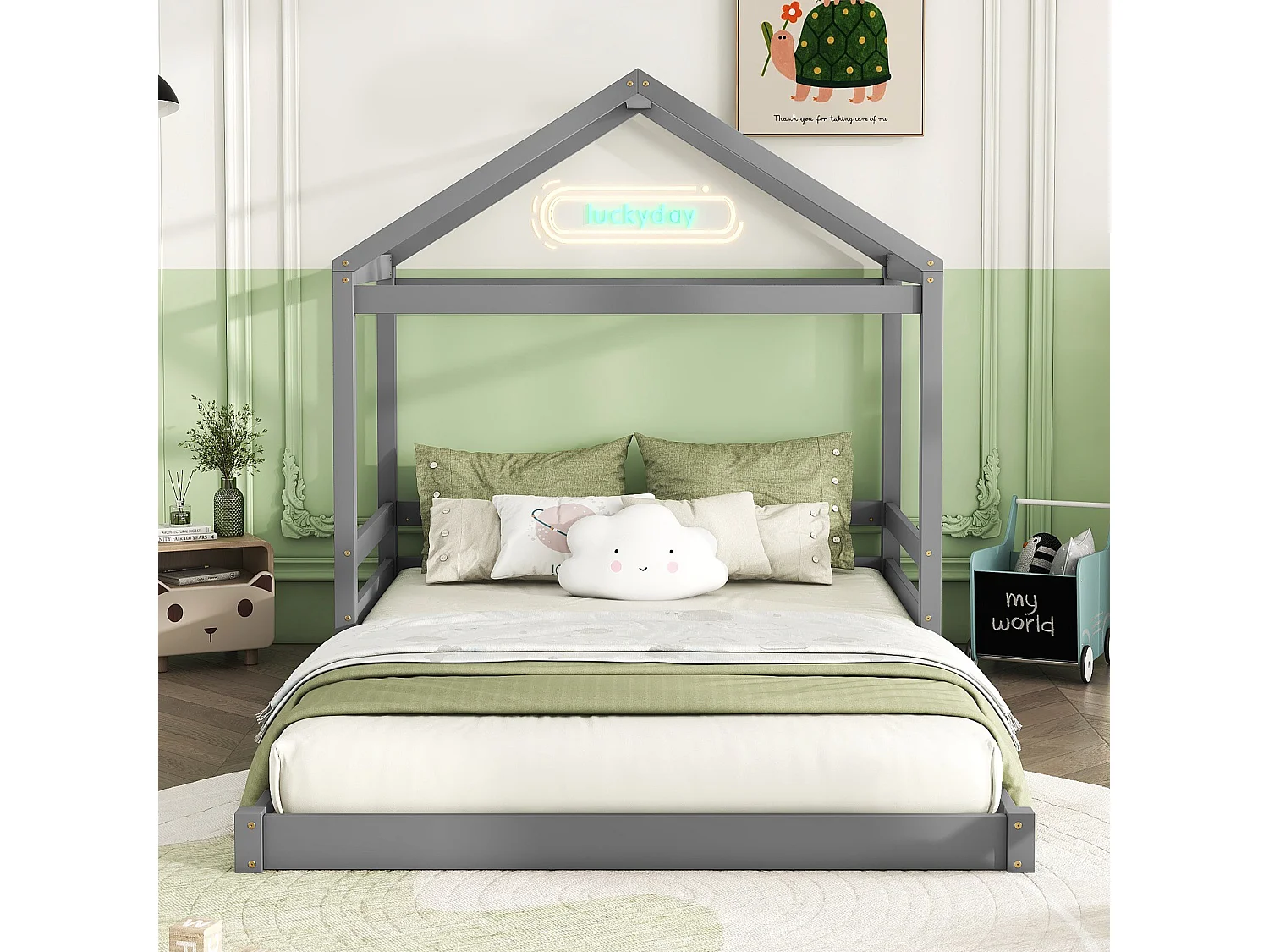 Lit cabane 140x200 cm en pin gris avec sommier, style minimaliste pour enfant, design maison ouvert