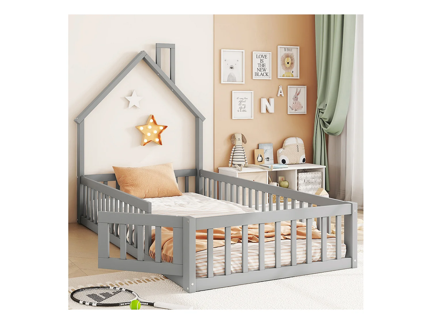 Lit cabane 90x200 cm en pin gris avec sommier, design cheminée, style maison minimaliste pour enfant