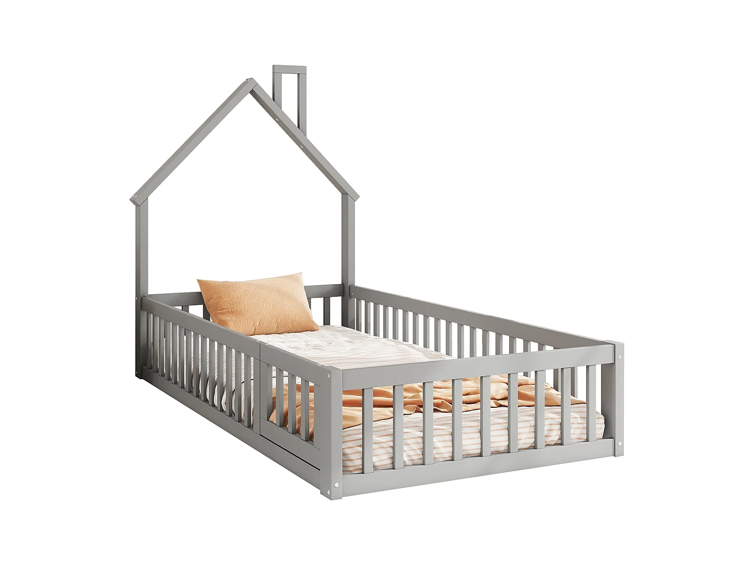 Lit cabane 90x200 cm en pin gris avec sommier, design cheminée, style maison minimaliste pour enfant