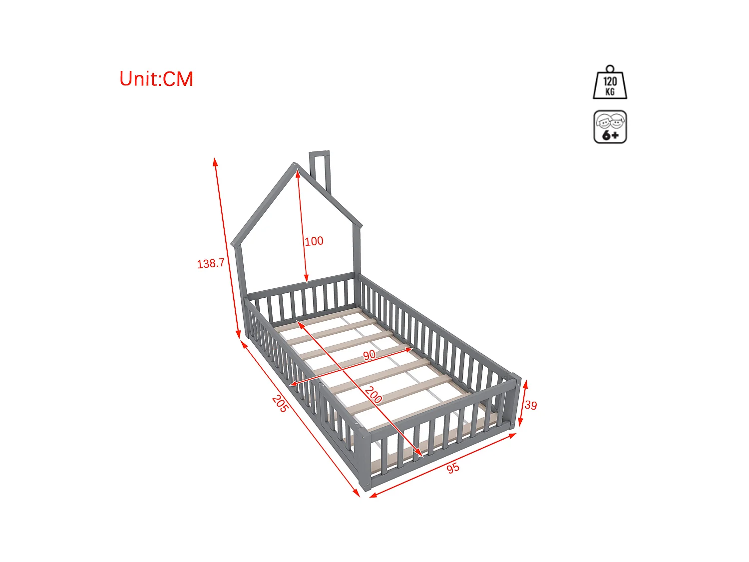 Lit cabane 90x200 cm en pin gris avec sommier, design cheminée, style maison minimaliste pour enfant