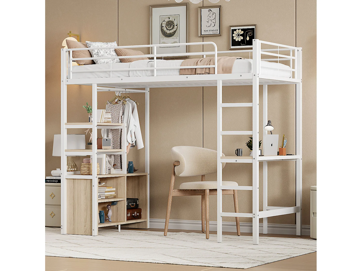 Lit mezzanine 90x200 cm, sans matelas, bureau intégré, prises USB et électrique, plusieurs étagères, rangement ouvert, garde-corps et échelle, cadre métal, Blanc