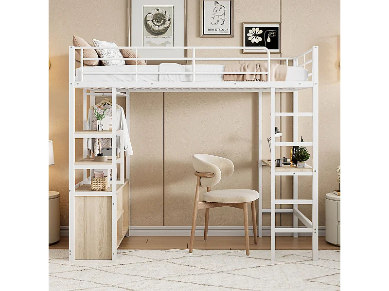 Lit mezzanine 90x200 cm, sans matelas, bureau intégré, prises USB et électrique, plusieurs étagères, rangement ouvert, garde-corps et échelle, cadre métal, Blanc