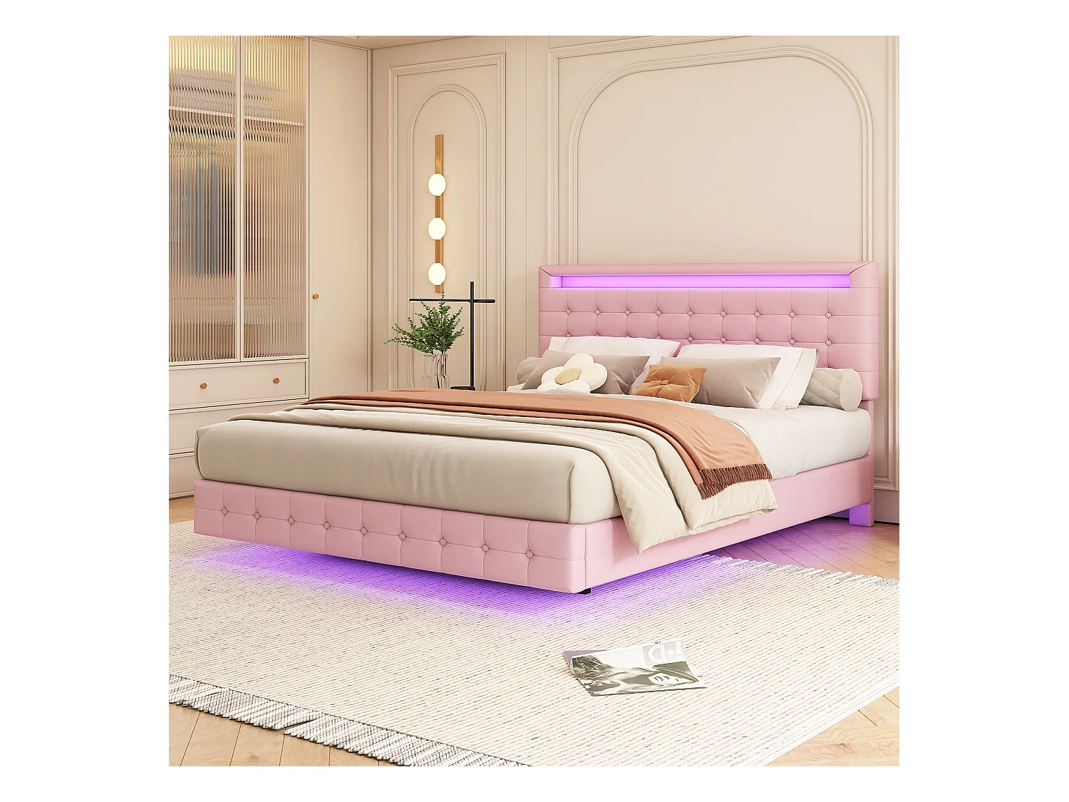 Lit double 140x200 cm, lit plat PU, LED multicolore, télécommande 24 touches, tête réglable en 3 positions, Rose