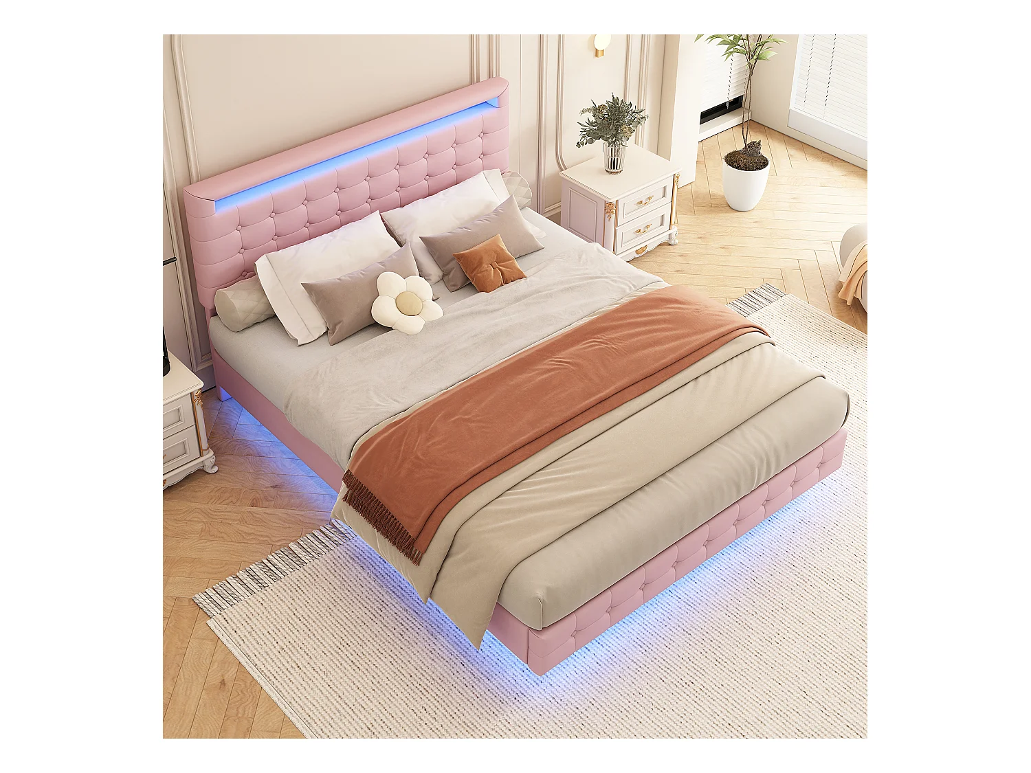 Lit double 140x200 cm, lit plat PU, LED multicolore, télécommande 24 touches, tête réglable en 3 positions, Rose