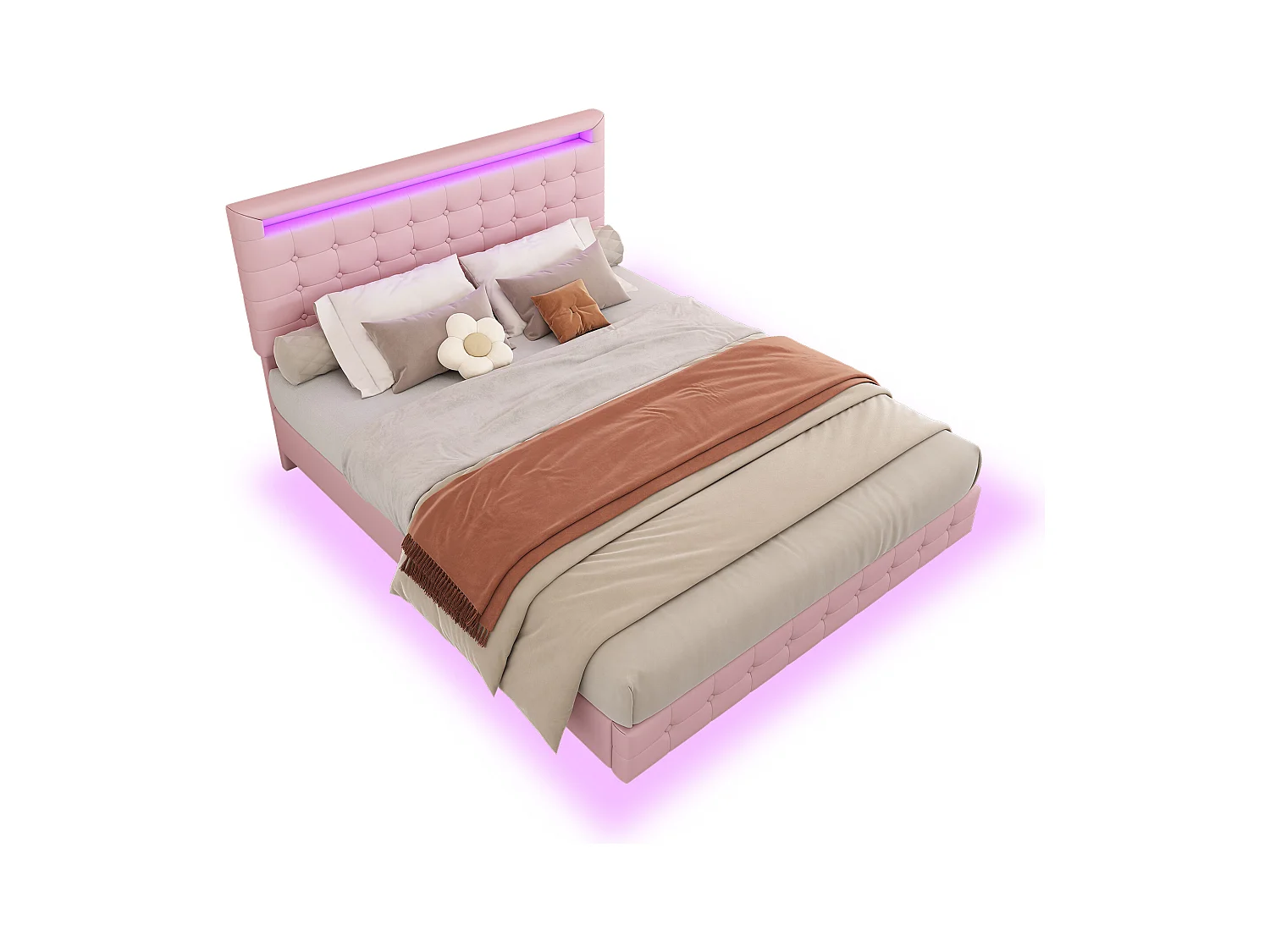 Lit double 140x200 cm, lit plat PU, LED multicolore, télécommande 24 touches, tête réglable en 3 positions, Rose