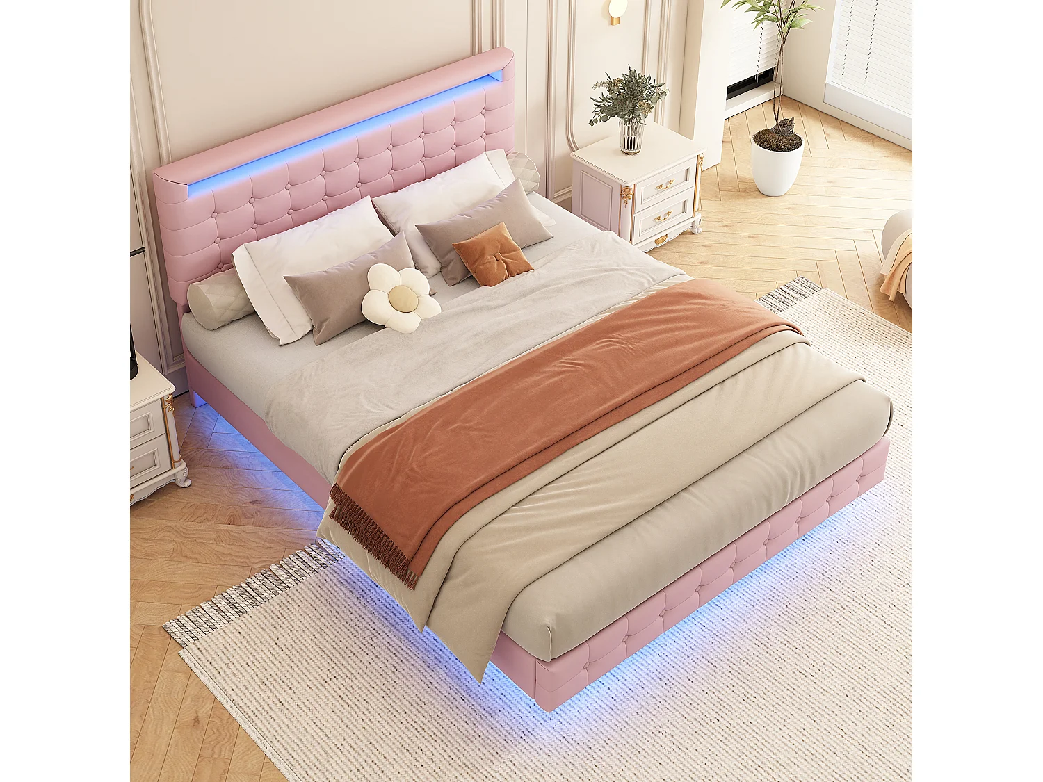 Lit double 140x200 cm, lit plat PU, LED multicolore, télécommande 24 touches, tête réglable en 3 positions, Rose