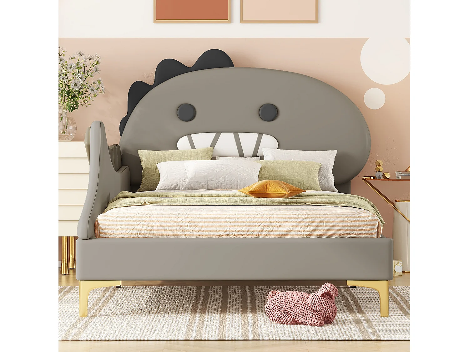 Lit enfant 90x200 cm, lit plat dinosaure cartoon, cadre PU, Gris, design ludique et sécurisé