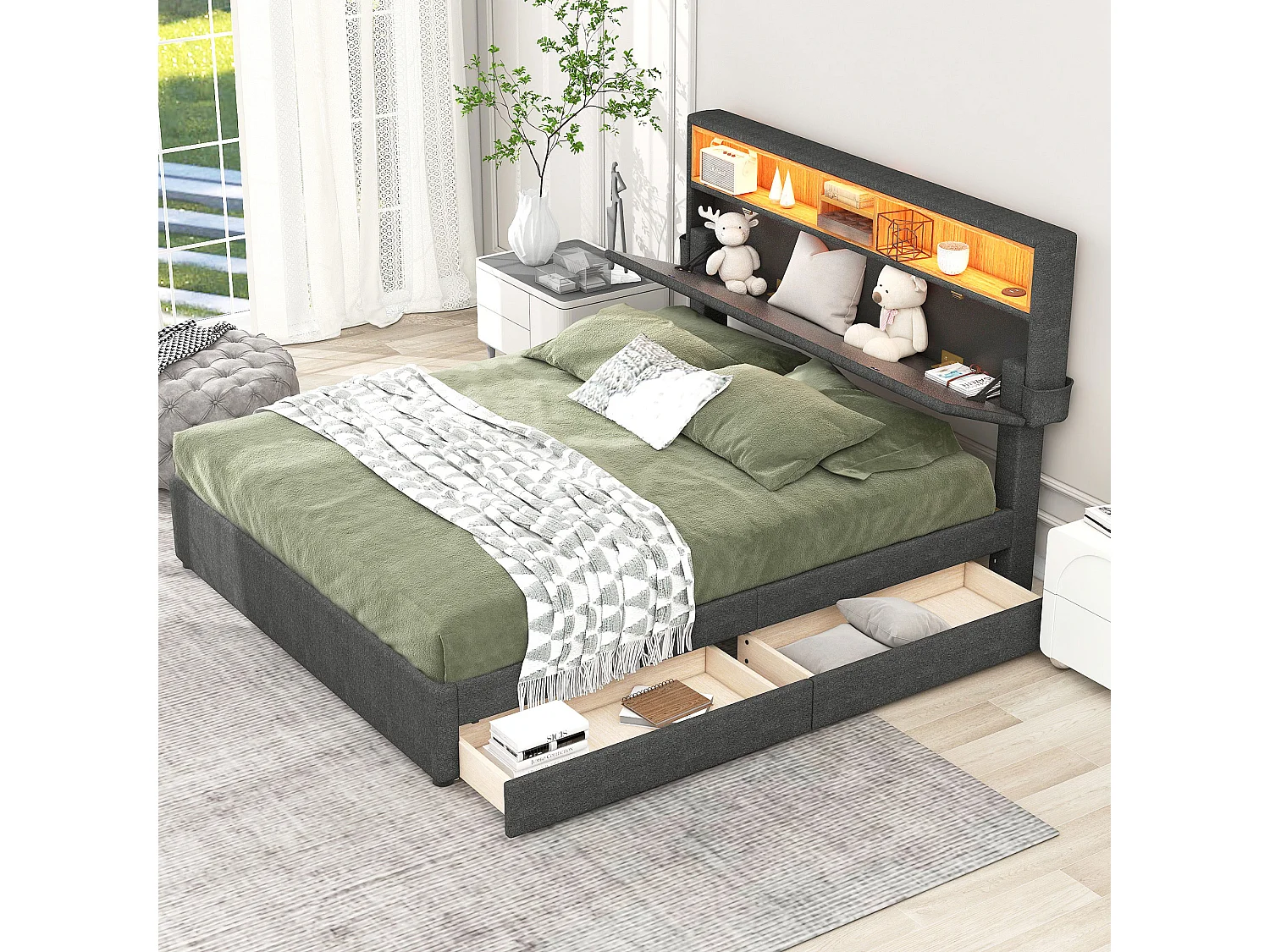 Gestoffeerd tweepersoonsbed 140x200 cm grijs met hoofdbord met opbergruimte, USB, LED en twee praktische zijlades