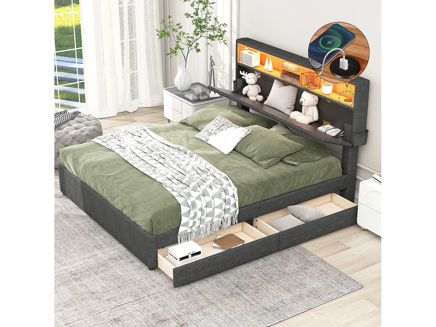 Gestoffeerd tweepersoonsbed 140x200 cm grijs met hoofdbord met opbergruimte, USB, LED en twee praktische zijlades