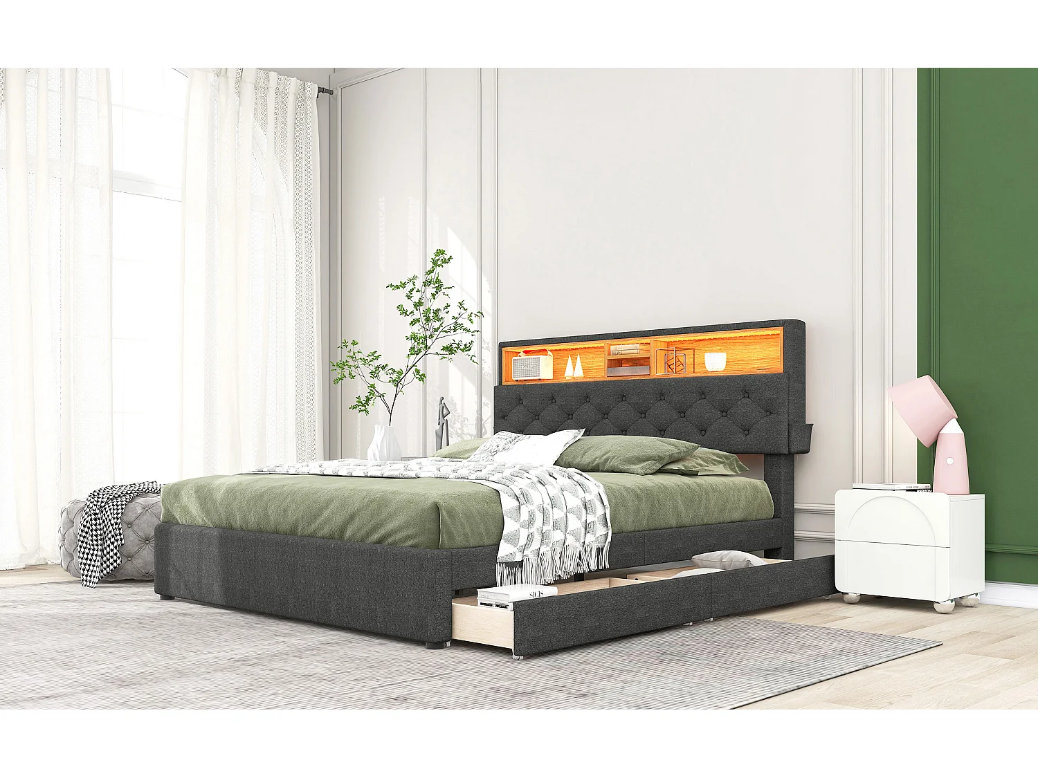 Gestoffeerd tweepersoonsbed 140x200 cm grijs met hoofdbord met opbergruimte, USB, LED en twee praktische zijlades